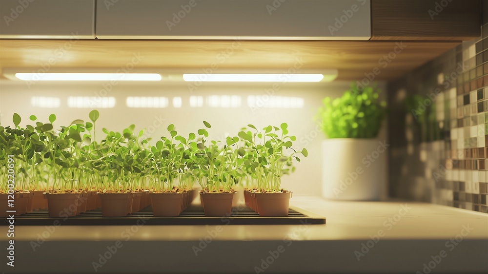Fototapeta premium Photorealistic image of a home-grown microgreens setup with a variety of seedlings under grow lights in a kitchen