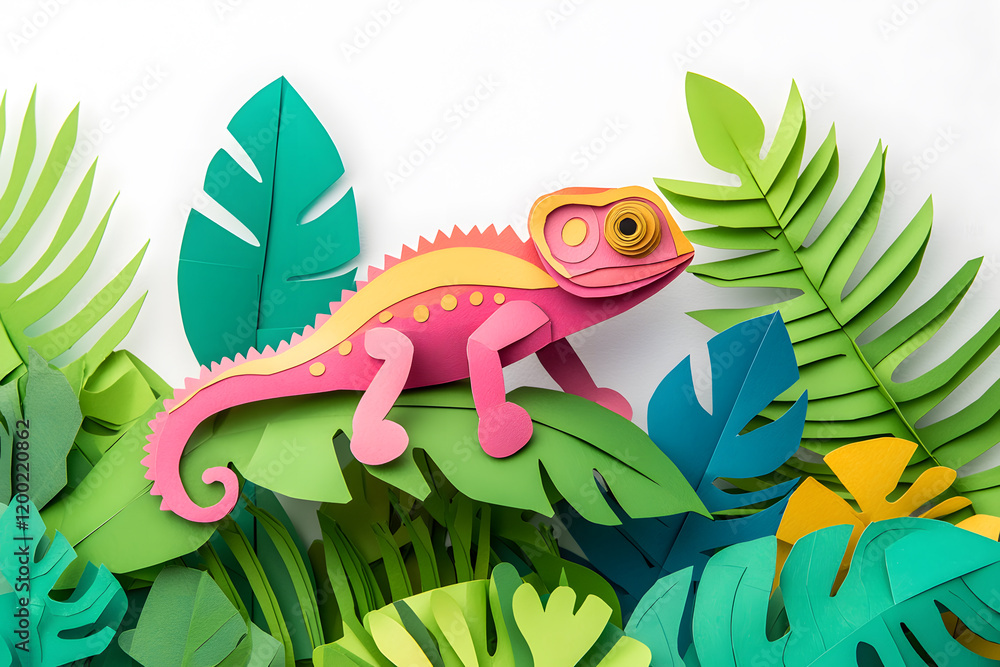Obraz premium Colorful chameleon in the jungle, paper cut art style