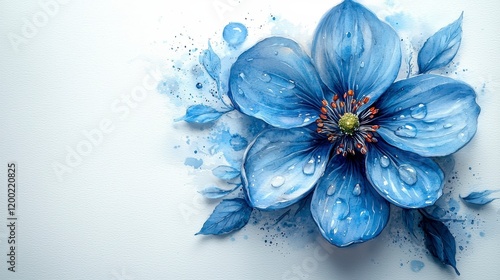 Dew-kissed blue flower with watercolor accents.