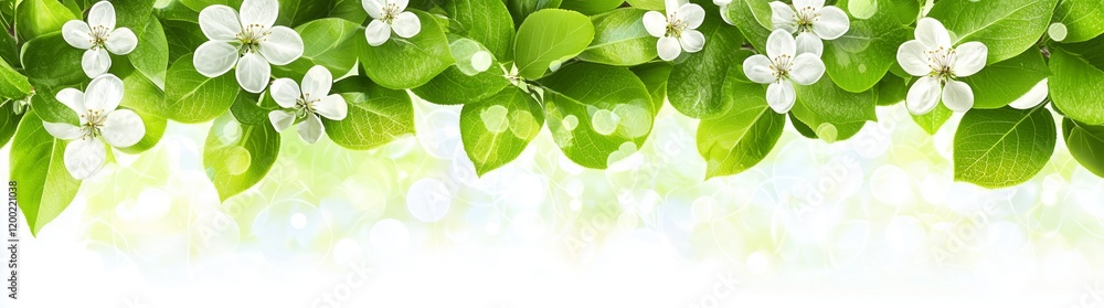 Spring background with green leaves and blossom white flowers, banner design. Spring background with green leaves and blossom white flowers, banner design.