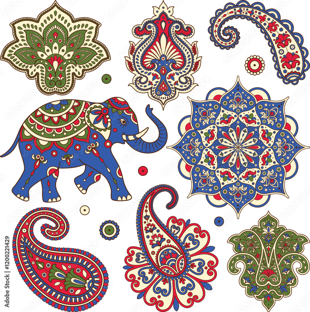 Indian vector clipart set with paisley, mandala, Indian elephant. colorful Hindi ornament. Indian pattern. Sanskrit. Lotus mandala