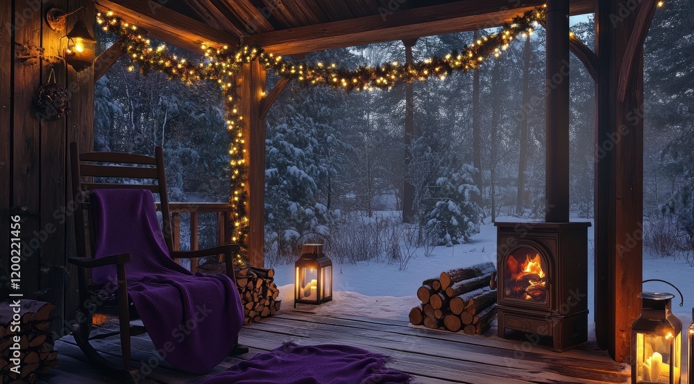 Cozy winter evening in the forest, a wooden terrace with a fireplace and rocking chair covered by a purple blanket Cozy winter evening in the forest, a wooden terrace with a fireplace and rocking chair covered by a purple blanket