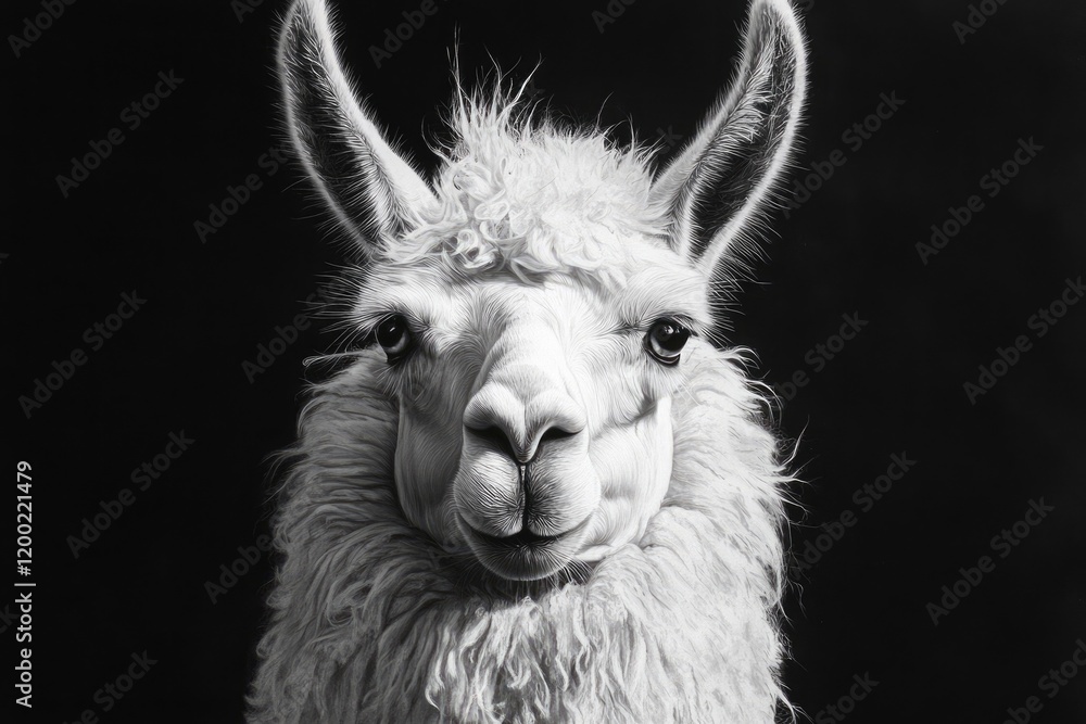 Obraz premium Close-Up Portrait of a Majestic Llama: White Fur Beauty in Natural Farm Setting