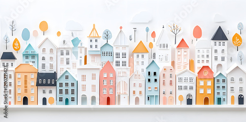 City made from paper cut buildings, pastel colors illustration