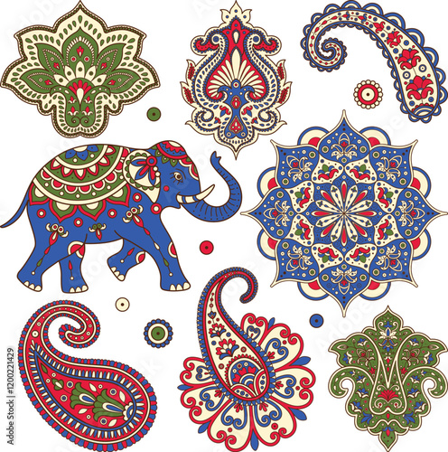 Indian vector clipart set with paisley, mandala, Indian elephant. colorful Hindi ornament. Indian pattern. Sanskrit. Lotus mandala
