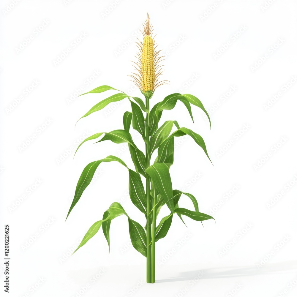 Obraz premium 3D Rendering of a Corn Stalk on a White Background, Showcasing Agricultural Crop Features
