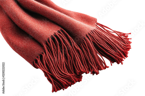 Luxurious red woolen scarf with fringes displayed on a white background, ideal for winter fashion and warmth