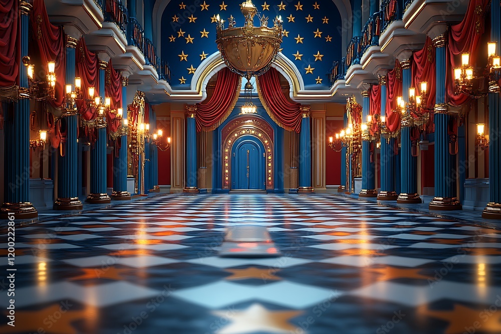 Obraz premium Blue and Red Hallway with a Bold Checkered Floor