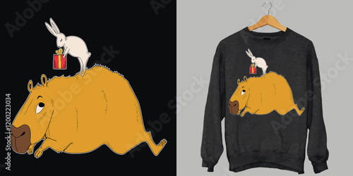 Vector image of a capybara and a bunny.Bunny gives capybara a gift.Holiday vector.The print.Capybara print.Bunny print.Mockup print