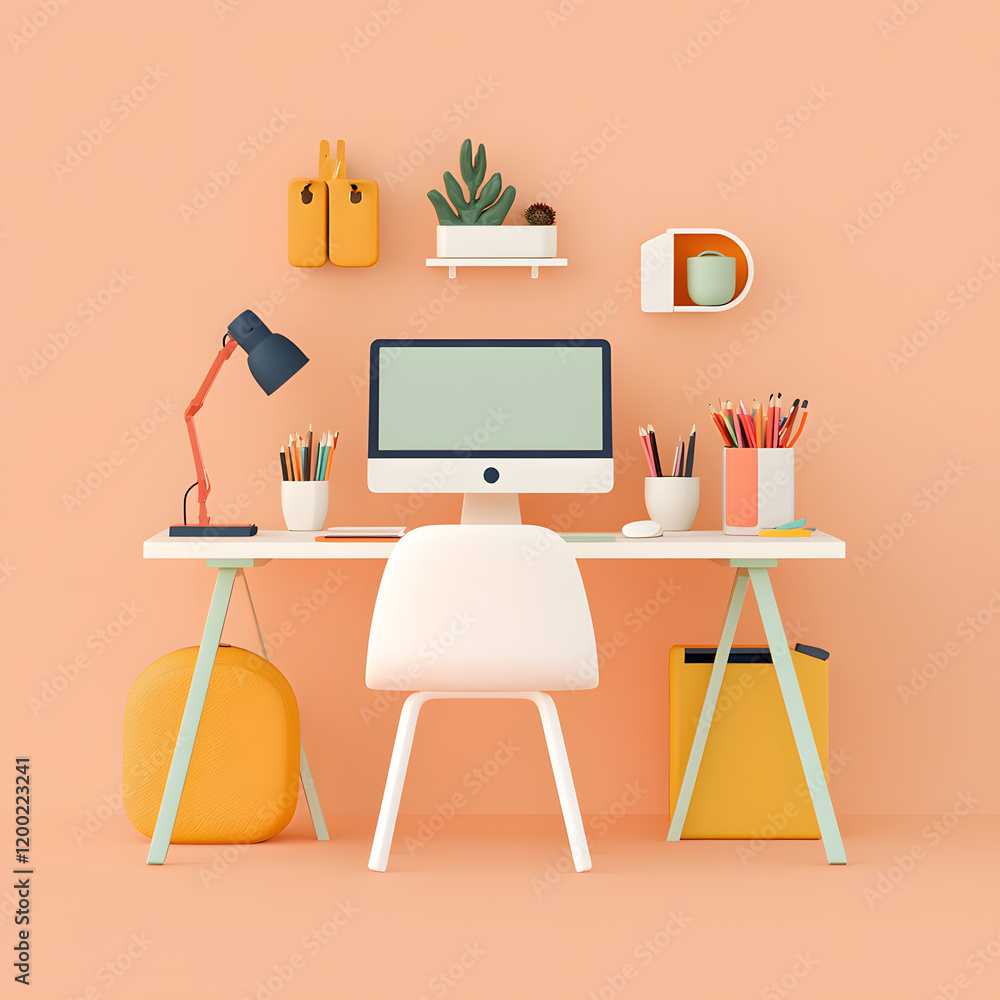 Office desk with desktop computer and vacant empty chair. Free unoccupied workplace, workspace illustration Office desk with desktop computer and vacant empty chair. Free unoccupied workplace, workspace illustration