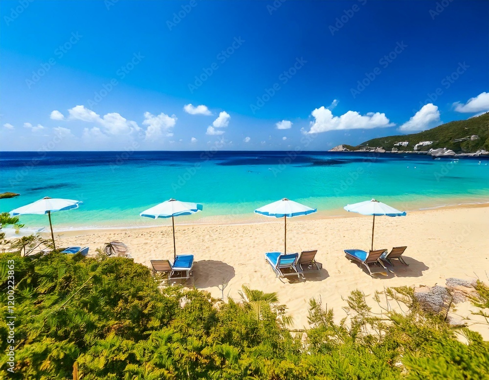 Idyllischer Strand mit Sonnenschirmen – Perfektes Sommerurlaubsmotiv
