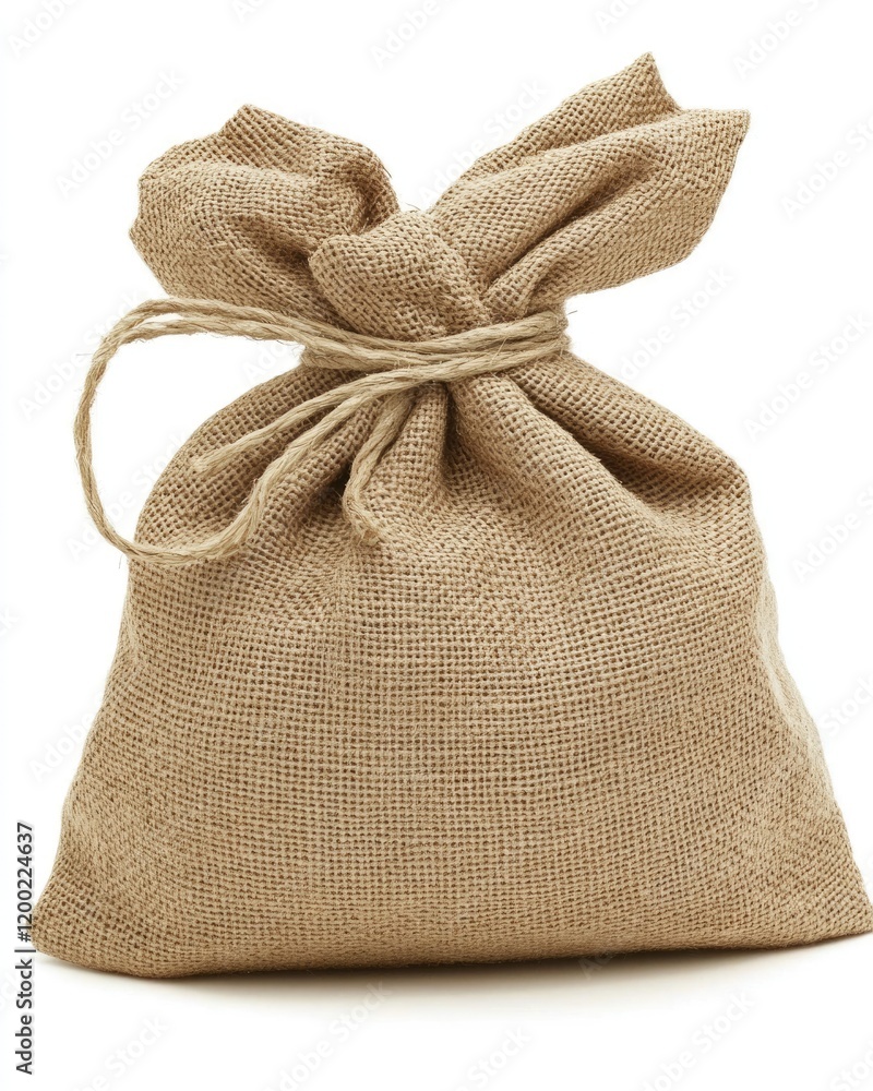 Isolated Tied Hessian Bag on White Background. Eco-Friendly Fabric Object for Sustainable Fashion and Organic Materials. Isolated Tied Hessian Bag on White Background. Eco-Friendly Fabric Object for Sustainable Fashion and Organic Materials.
