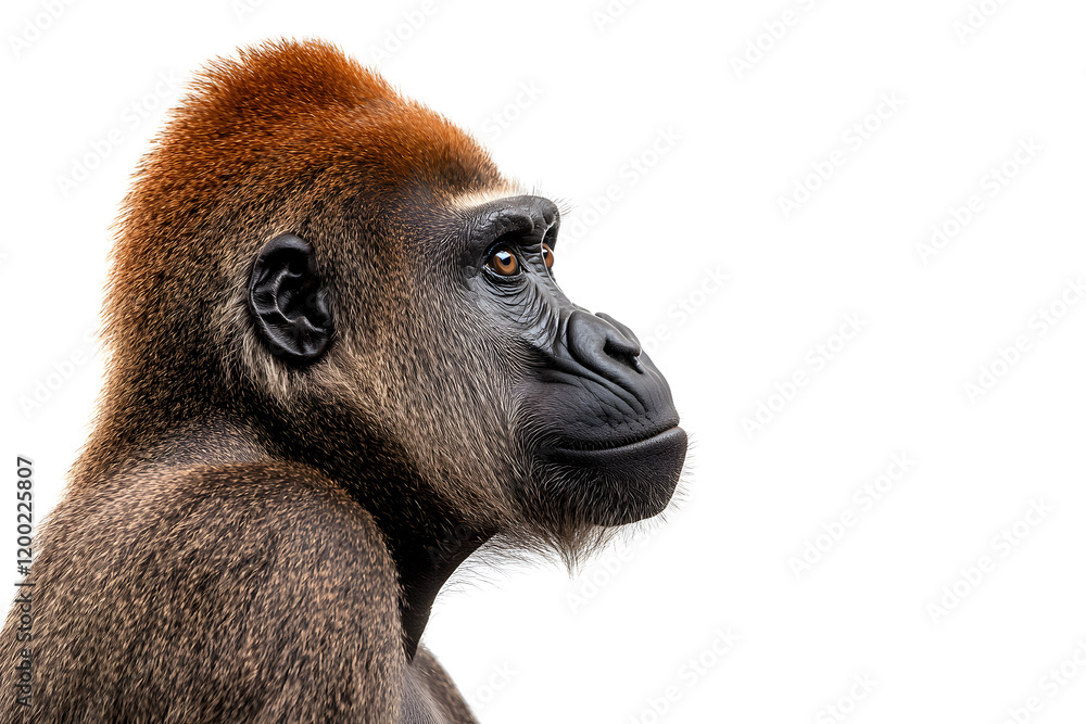 Obraz premium Portrait of gorilla monkey with bright vibrant mohawk, side view isolated on white background