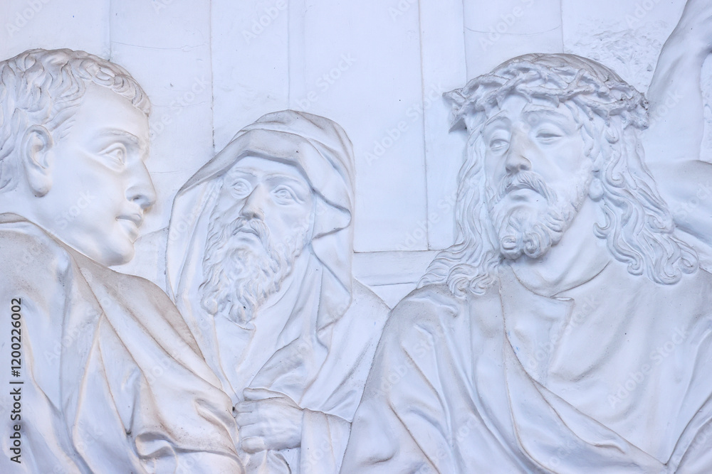 Fototapeta premium The Redeemer Church (or Notre Dame Cathedral). Way of the cross. 1st Station: Jesus is condemned to death. Ho Chi Minh City. Vietnam.