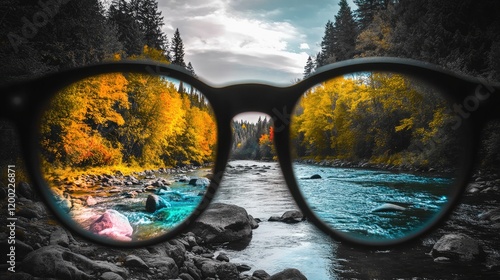 Vibrant Perception: Colorful River and Forest Reflected in Eyeglasses Against a Monochrome Backdrop photo