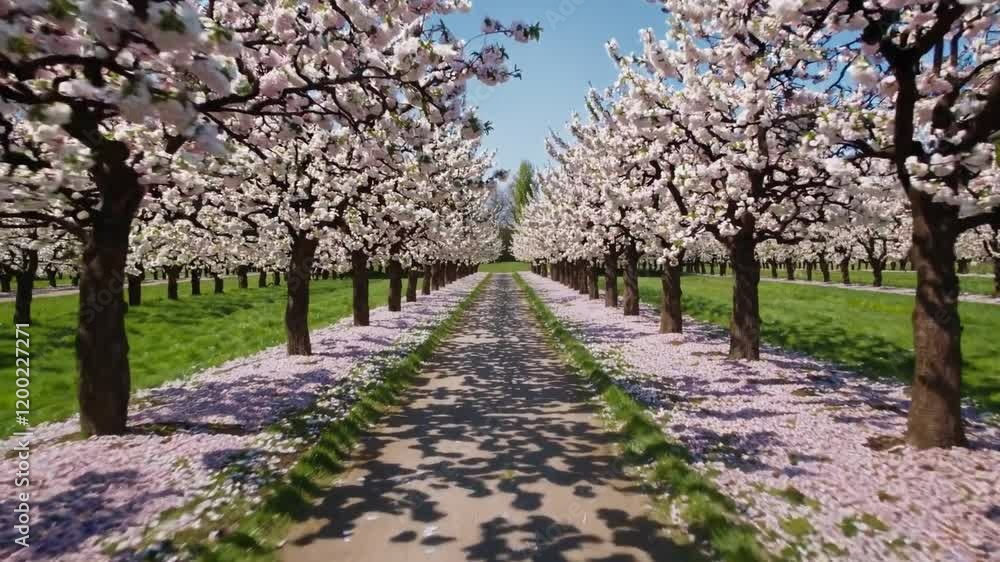 A serene pathway lined with blooming cherry blossom trees, creating a beautiful spring scene filled with pink petals and green foliage A serene pathway lined with blooming cherry blossom trees, creating a beautiful spring scene filled with pink petals and green foliage