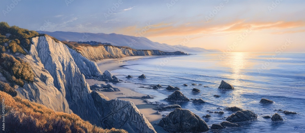 Obraz premium Ocean beach with cliffs and hills. A sunset over the water provides a stunning view for relaxation