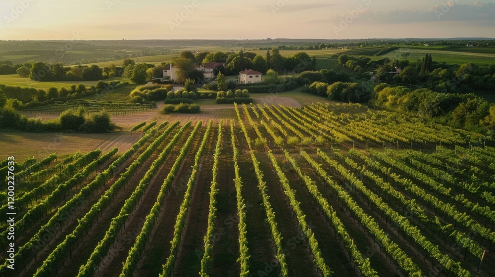 An aerial shot of a sprawling vineyard with neatly arranged grapevines and a winery in the background, Vineyard scene, Viticulture style An aerial shot of a sprawling vineyard with neatly arranged grapevines and a winery in the background, Vineyard scene, Viticulture style