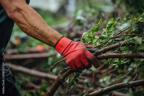 In The Aftermath: Close-up of a Man's Muscular Arms in Red Safety Gloves Clearing Tree Branches Post-Storm
