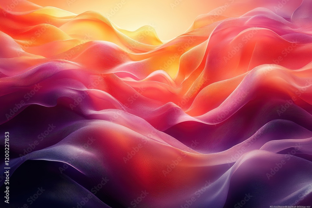 Obraz premium A vibrant abstract landscape with flowing waves in warm hues of orange and purple.