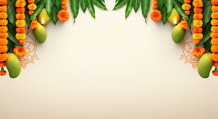 Mangoes, marigold flower garlands, and burning diyas frame a beige backdrop with rangoli designs, perfect for ugadi or other indian celebrations