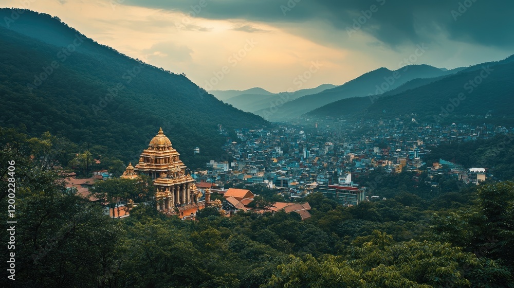 Fototapeta premium A view of the temple from a nearby hill, capturing the entire structure amidst the picturesque landscape of the Tirumala hills.