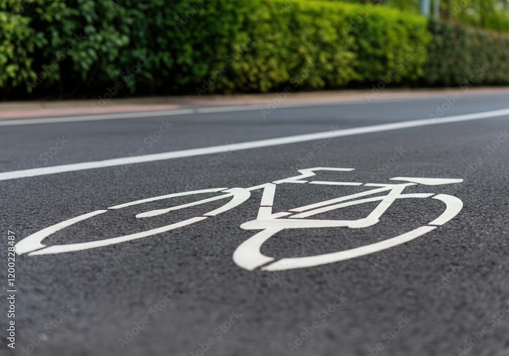 Obraz premium Close-up of white bicycle symbol indicating bike lane on asphalt road, promoting cycling and urban mobility