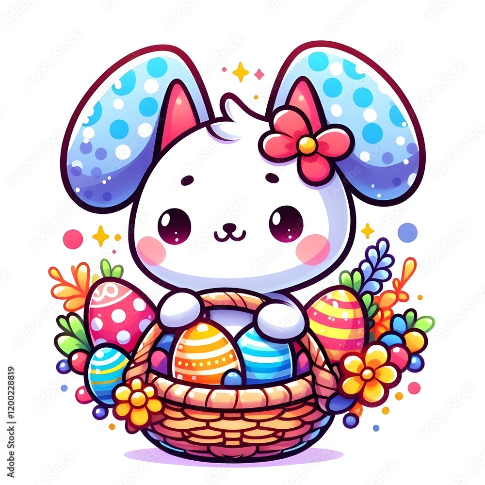 Fototapeta premium Cute little baby bunny celebrating Easter with a basket full of colorful painted Easter eggs