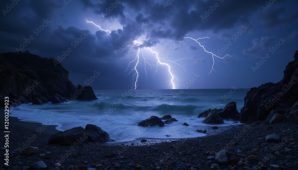 Lightning storm over rocky beach at night Lightning storm over rocky beach at night