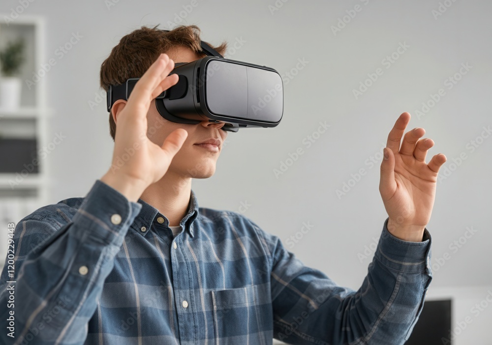 Young man wearing vr headset interacting with virtual reality in office environment Young man wearing vr headset interacting with virtual reality in office environment