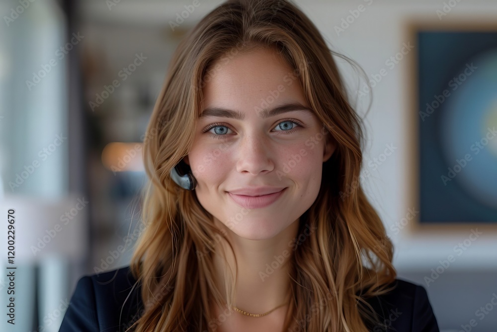 Title: Cheerful Young Businesswoman Engaged in Video Conference Meeting Title: Cheerful Young Businesswoman Engaged in Video Conference Meeting