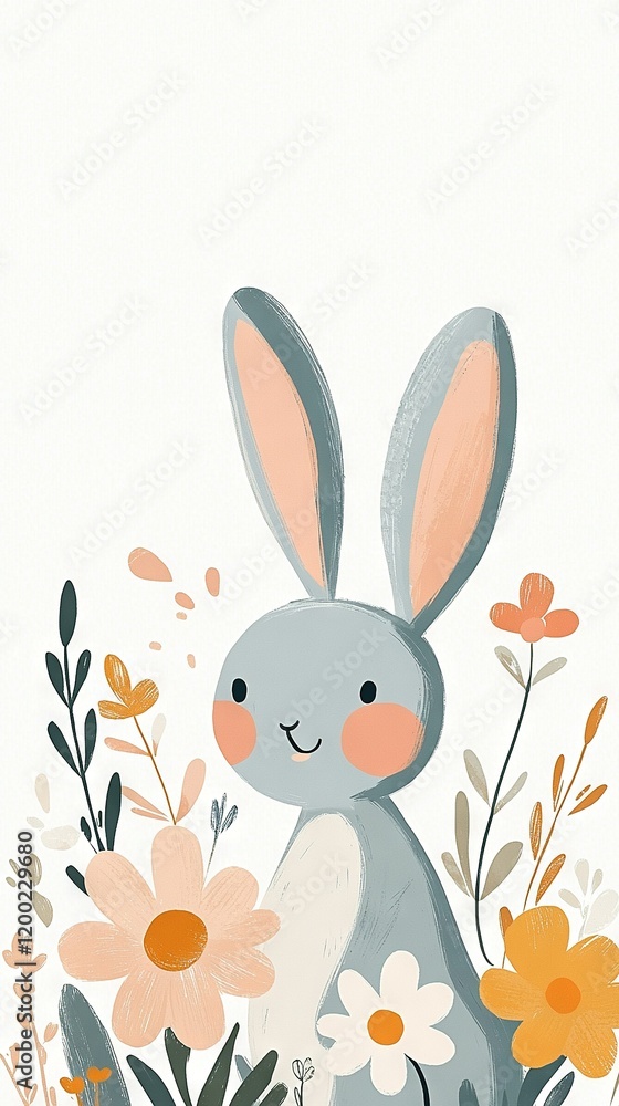A painting of a bunny sitting in a field of flowers, with daisies in the foreground A painting of a bunny sitting in a field of flowers, with daisies in the foreground