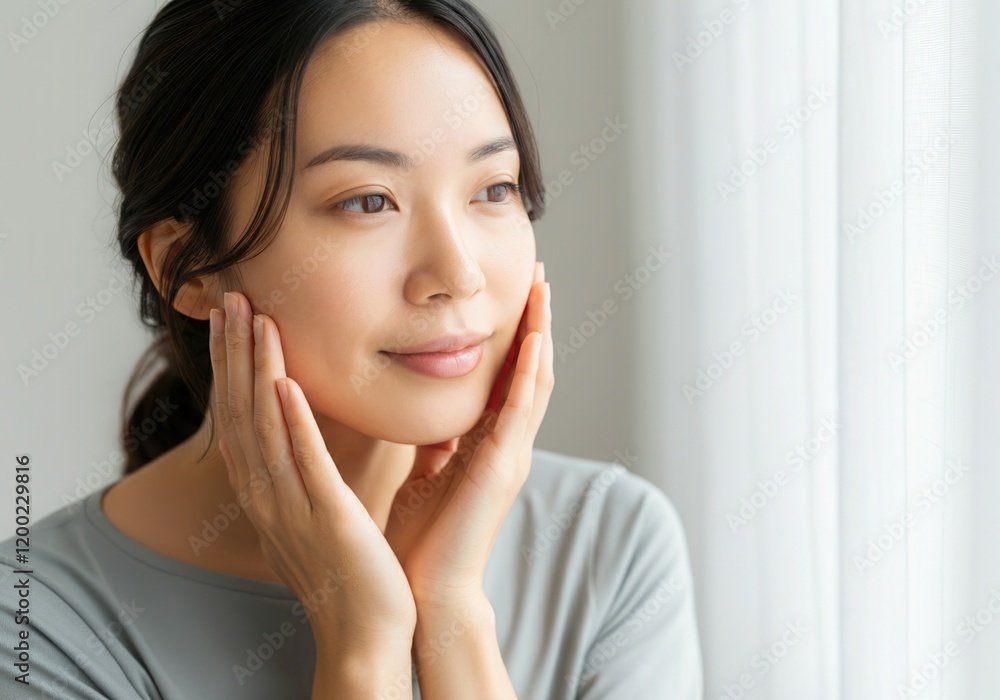 Portrait of a serene young woman gently touching her face, gazing thoughtfully out a bright window Portrait of a serene young woman gently touching her face, gazing thoughtfully out a bright window