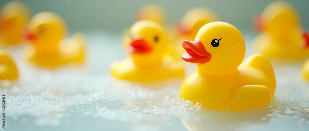 Photograph of a group of bright yellow toy rubber duckies swimming in soapy white bubble foam in a bathtub with room for text. Photograph of a group of bright yellow toy rubber duckies swimming in soapy white bubble foam in a bathtub with room for text.