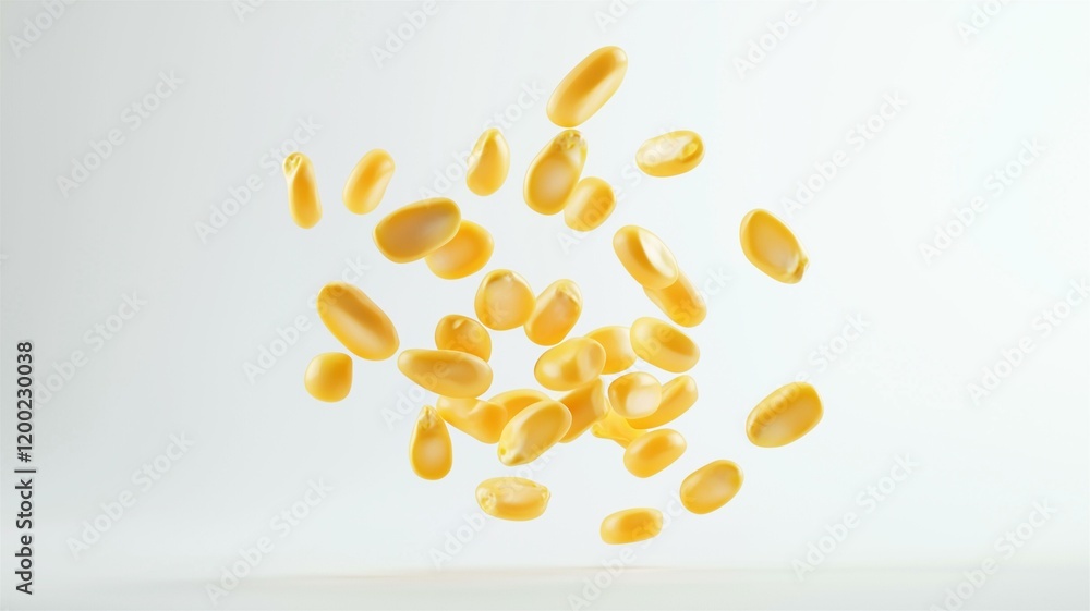 Fototapeta premium Ultra-realistic view of fresh corn kernels floating in mid-air on white isolated background 