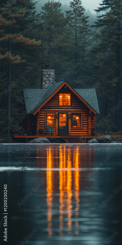 Fototapeta premium Wood Cabin in Winter Forest by Frozen River at Night