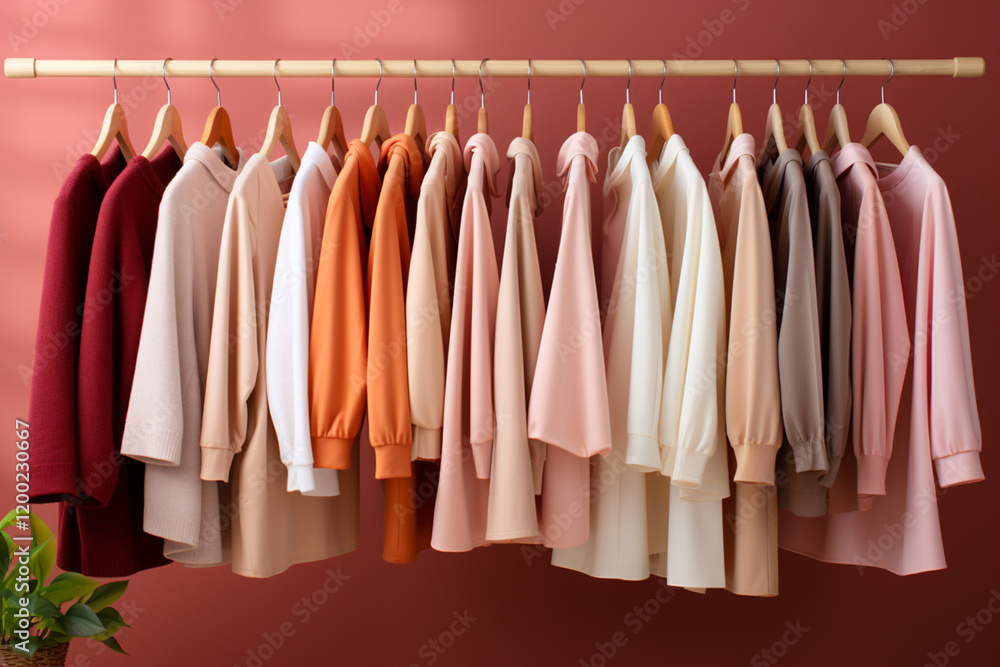 clothes in a row on hangers, peach fluff,.Generative AI clothes in a row on hangers, peach fluff,.Generative AI