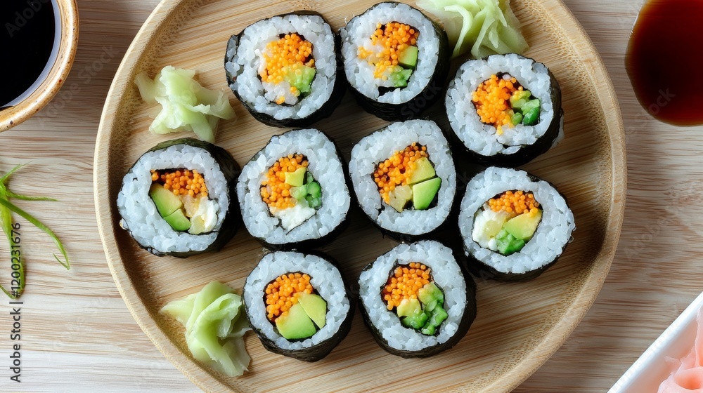 Vegan avocado sushi rolls arranged beautifully on a bamboo plate, paired with soy sauce and pickled ginger, Vegan avocado sushi rolls arranged beautifully on a bamboo plate, paired with soy sauce and pickled ginger,