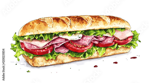 Italian sub sandwich with lettuce, slices of fresh tomatoes, salami, cured ham and cheese vector illustration
