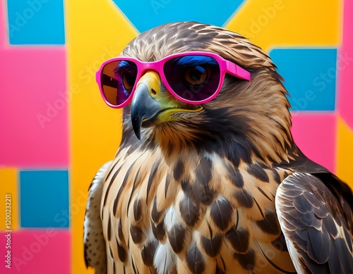 Cool Hawk in Pink Sunglasses: A Vibrant Pop Art Portrait photo