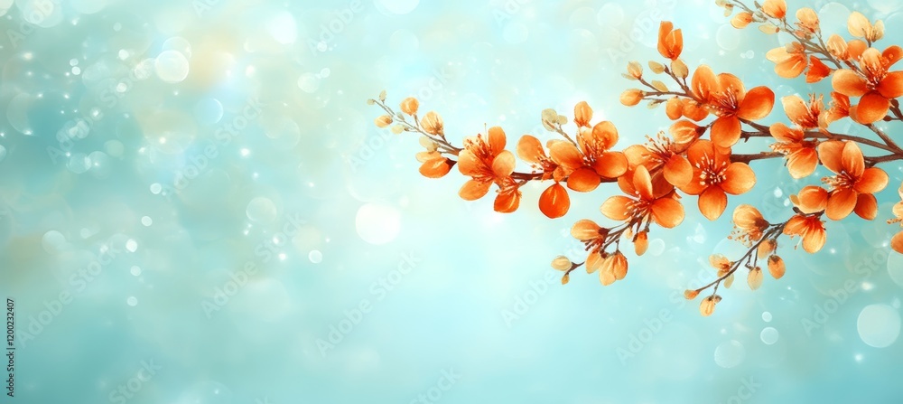 Springtime Blossoms Branch of Blooming Orange Flowers on a Soft, Dreamy Blue Background Springtime Blossoms Branch of Blooming Orange Flowers on a Soft, Dreamy Blue Background