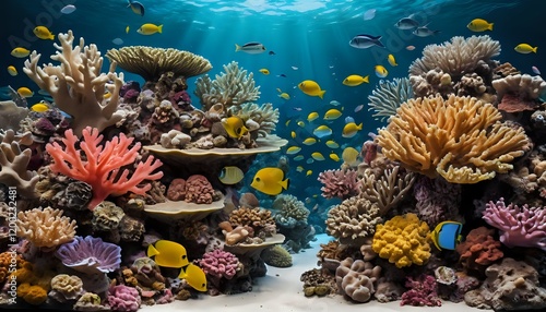 Vibrant Coral Reef: Sunlit Underwater Paradise of Colorful Fish