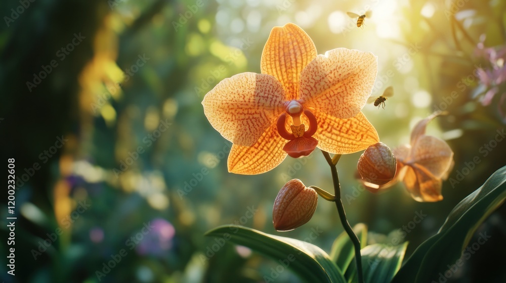 Fototapeta premium Orange orchid with bees at golden hour, in lush garden, possible for nature and background use