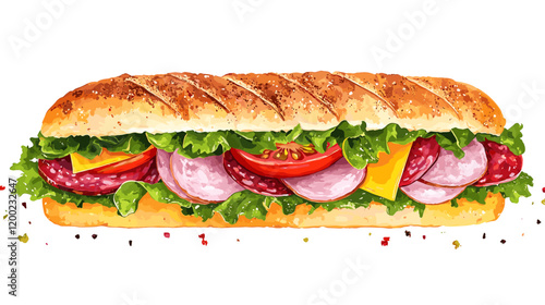 Italian sub sandwich with lettuce, slices of fresh tomatoes, salami, cured ham and cheese vector illustration