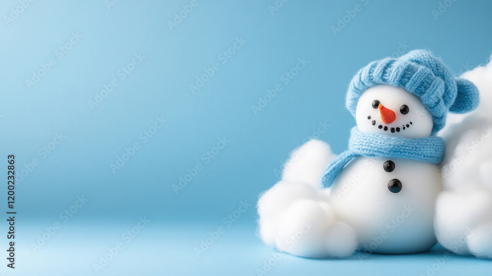 Cheerful snowman in blue hat and scarf, surrounded by cotton clouds on background Cheerful snowman in blue hat and scarf, surrounded by cotton clouds on background