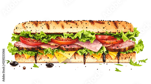 Italian sub sandwich with lettuce, slices of fresh tomatoes, salami, cured ham and cheese vector illustration