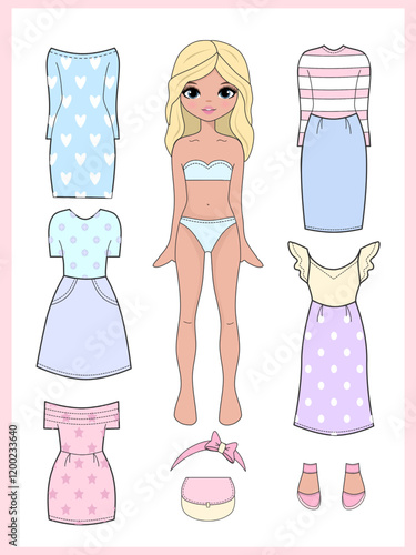  Paper doll clothes. Fashion girl with clothes set, collection. Paper doll dress up, cutouts, cut out. Vector illustration. Paper doll printable . Stickers. Toy, game for children, kids. Cute baby dol