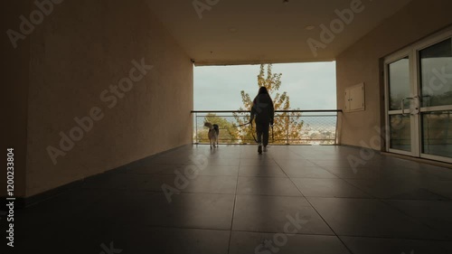 Wallpaper Mural Casual woman with Husky dog walking at outdoor balcony contemplate sea countryside landscape Torontodigital.ca