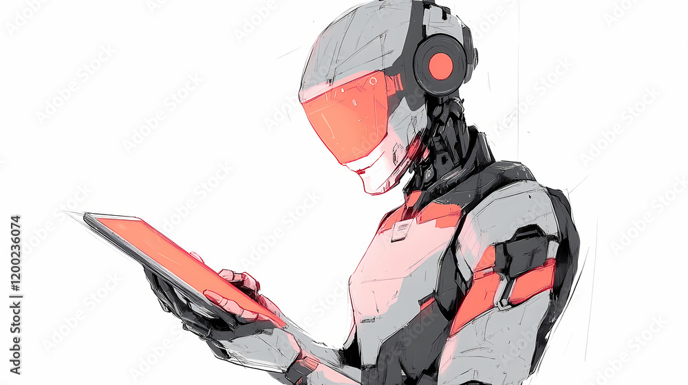 A playful 2d drawing of a futuristic robot assistant, holding a glowing tablet on a white background. Futuristic Robot Design. Illustration A playful 2d drawing of a futuristic robot assistant, holding a glowing tablet on a white background. Futuristic Robot Design. Illustration