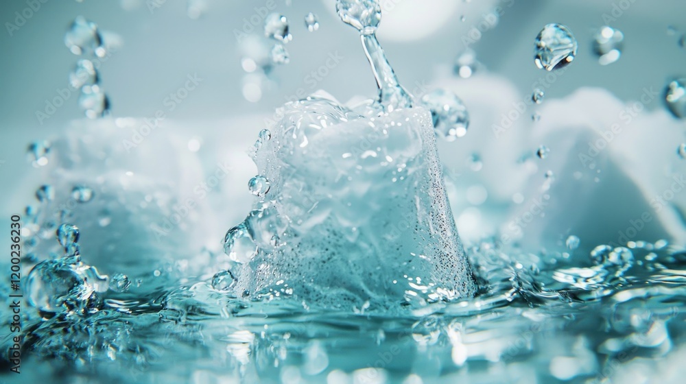 Ice cubes splashing in water, close-up, background blur, drink advertisement Ice cubes splashing in water, close-up, background blur, drink advertisement